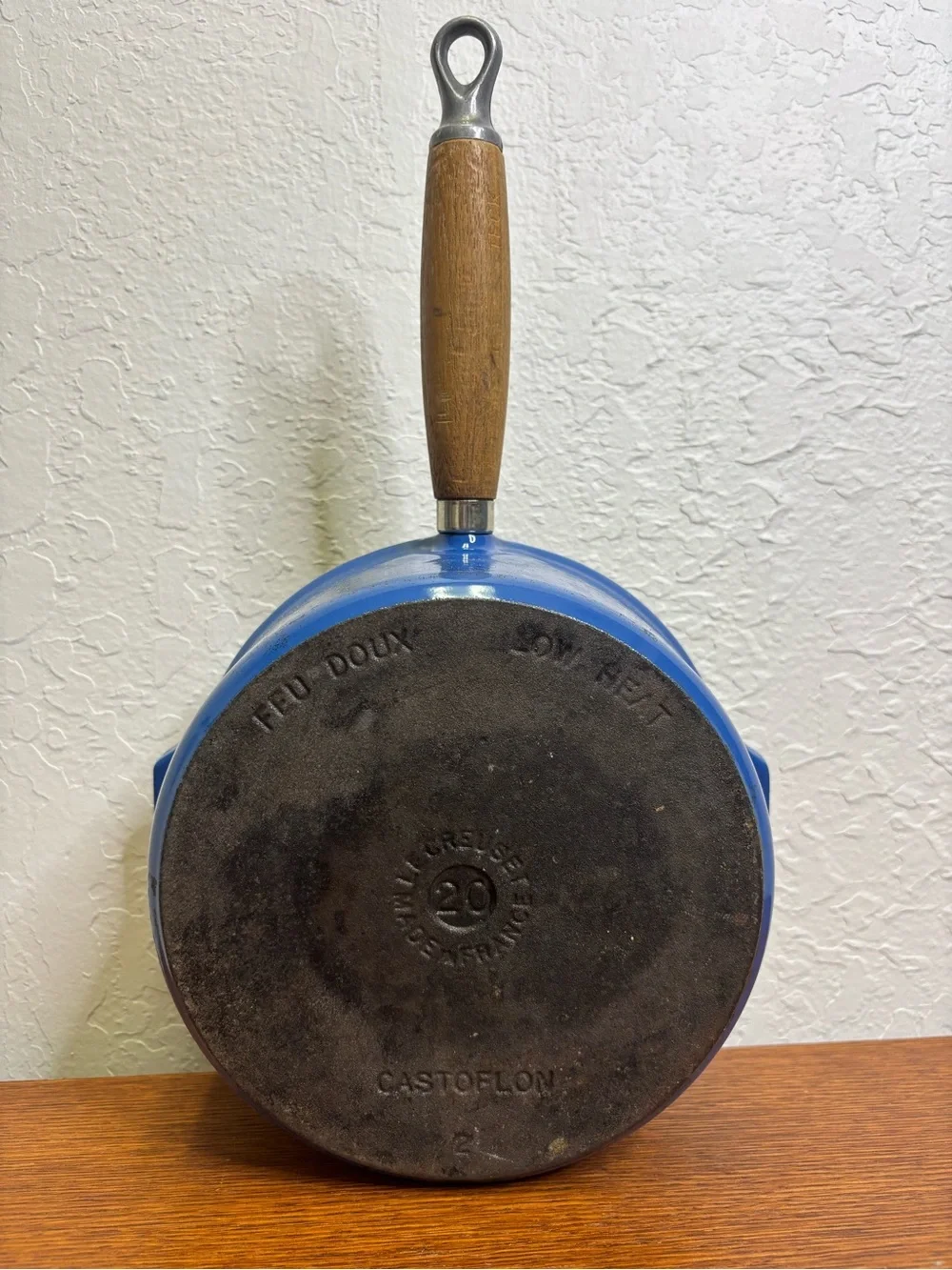 Le Creuset #20 Blue Enameled Cast Iron Saucepan No Lid Wood Handle France VTG